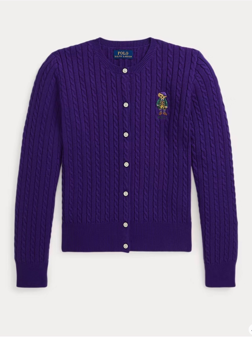 Polo by Ralph Lauren Vibrant Purple Cable-Knit Bear Button Cardigan